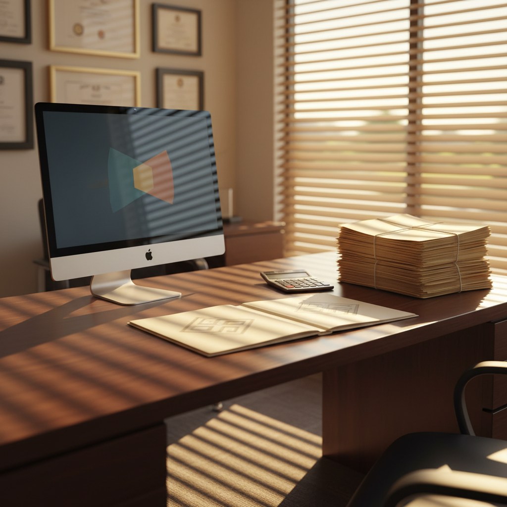 Insurance agency desk with policy folder, calculator, monitor, and framed credentials in warm light